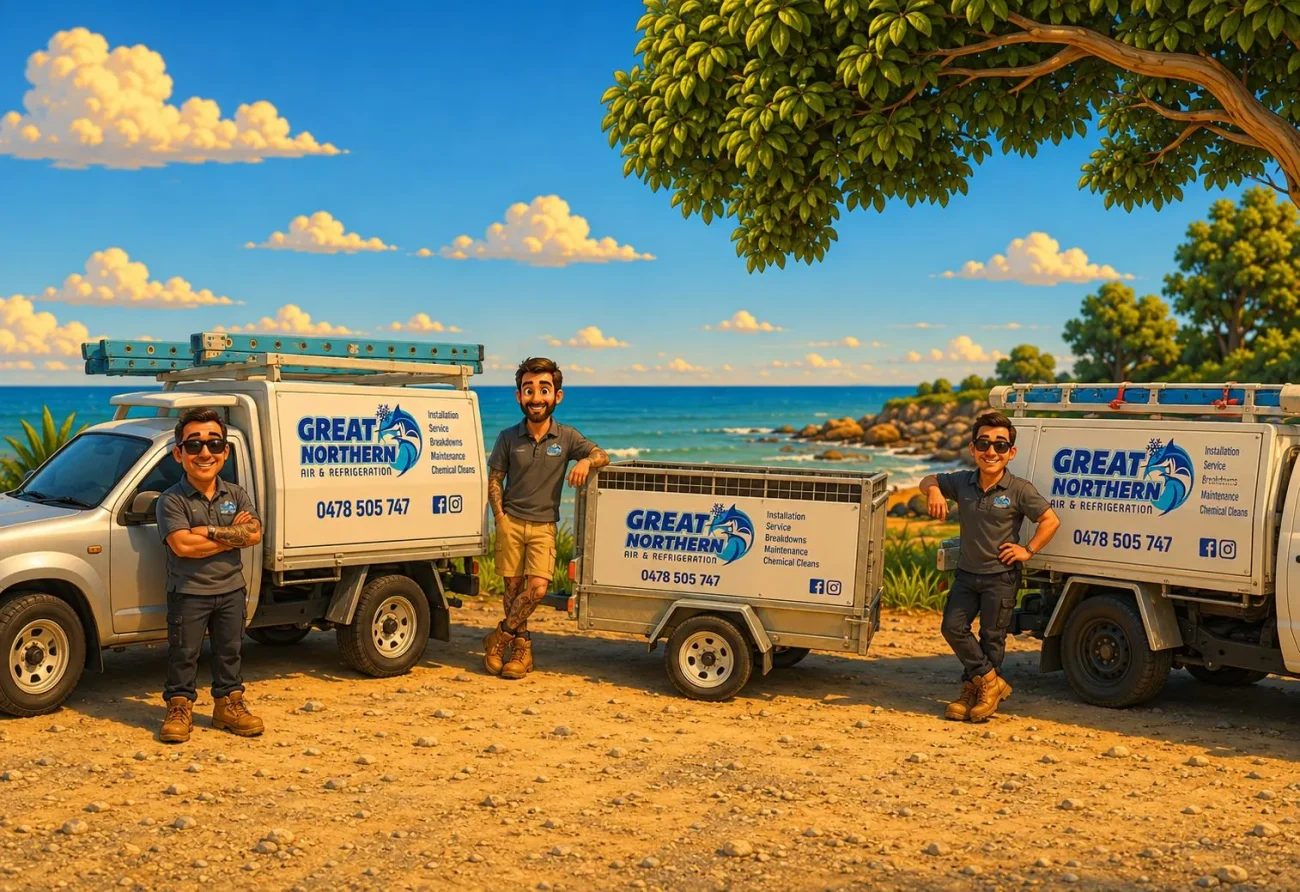 Illustration of the Great Northern crew with their signwritten utes on the Cairns coast